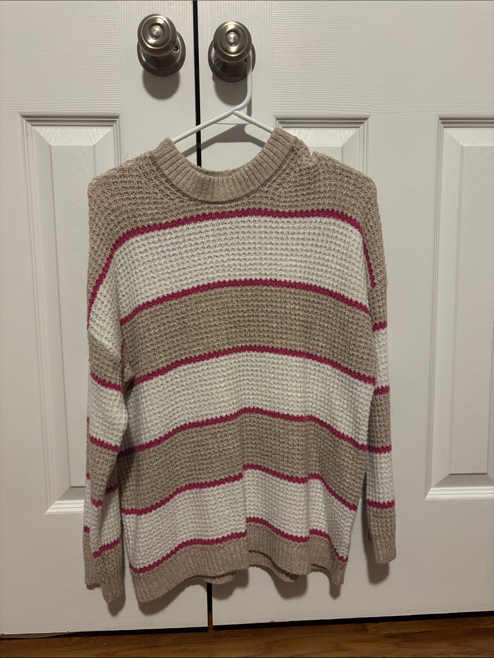 Striped Waffle-Knit Sweater in Beige, White & Pink